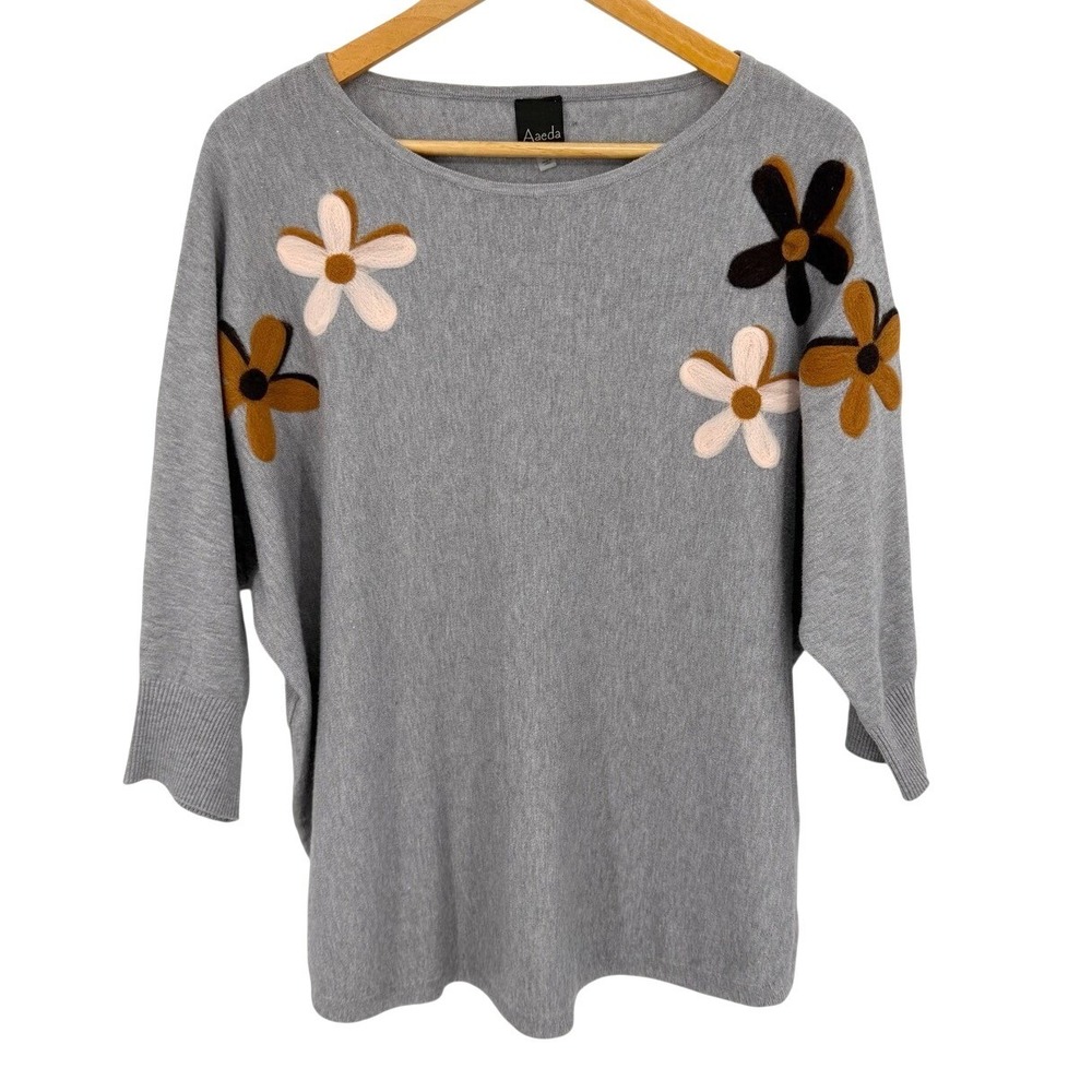 Aaeda Womens 1X Knit Sweater Top‎ Floral Applique Batwing Sleeve Gray Retro Mod